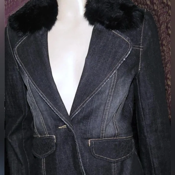 BEBE Dark Denim gray Jean Rabbit Fur Collar Suit Coat Blazer Holiday Jacket S - Picture 3 of 10